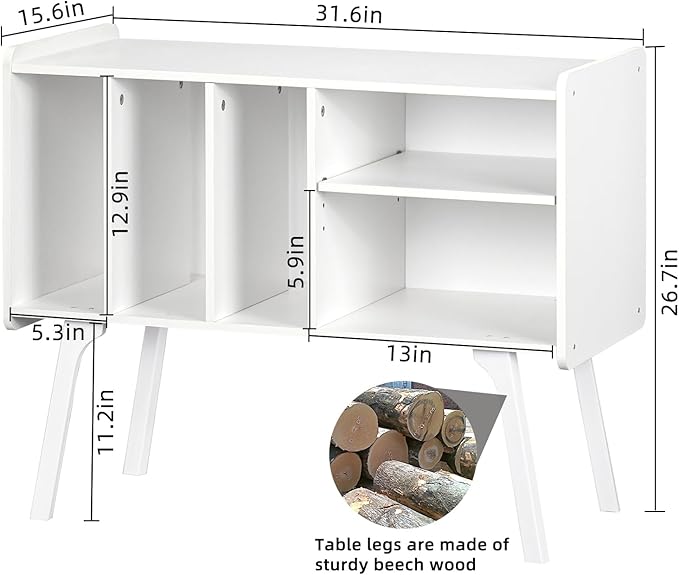 Lerliuo Record Player Stand with 4 Cabinet Holds Up to 220 Albums, Large Turntable Stand with Beech Wood Legs, Mid-Century Record Player Table,White Vinyl Holder Storage Shelf for Bedroom Living Room