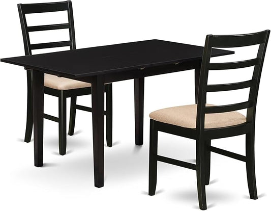 East West Furniture NOPF3-BLK-C 3 Piece Dining Room Table Set Contains a Rectangle Kitchen Table with Butterfly Leaf and 2 Linen Fabric Upholstered Chairs, 32x54 Inch, Black