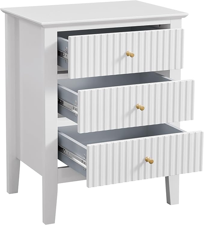 OCANDO White Bed Side Table with 3 Drawers 19" W, Bedroom Nightstand 24" H,Vintage Modern Night Stand,Living Room Fluted End Bedside Tables