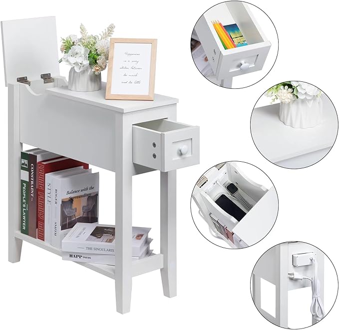 White End Table with Movable Top and Charging Station, Narrow Side Table with Storage Cabinet and USB, Sofa Table for Living Room Bedroom,White Side Table with Charger