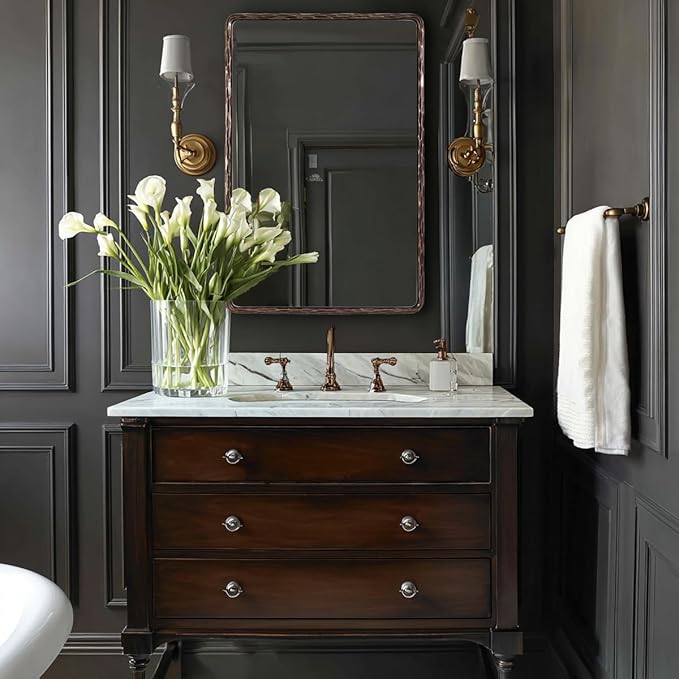 ANDY STAR Hand-Forged Bronze Bathroom Mirror for Wall, 24x36 Inch Vintage Solid Steel Metal Frame Bathroom Vanity Mirror, Antique Rounded Rectangle Wall Mirror, Hangs Horizontally or Vertically