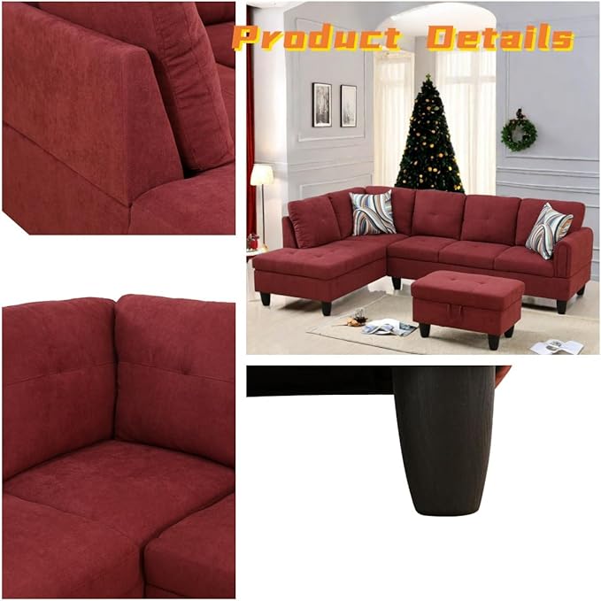 L Shaped Sectional Couch with Otttoman, 97" Sectional Sofa for Living Room Flannel Modular Couches with Cup Holders for Bedroom, Apartments, Red