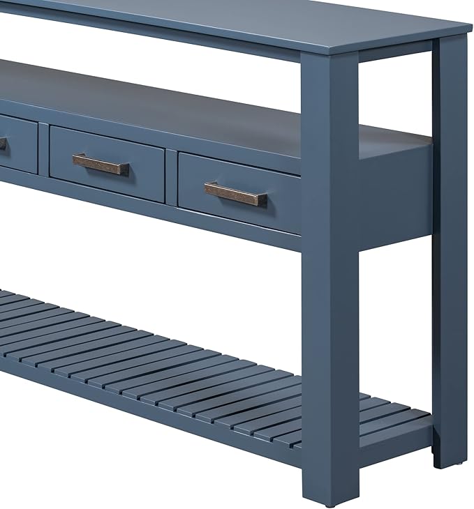 Ball & Cast 62.2“ Contemporary 4 Drawers Console Table, Long Entryway-Table with Drawer & 3 Tier Shelves, FarmhouseWood Storage Sofa Couch-Tables for Entrance Hallway Living, Blue