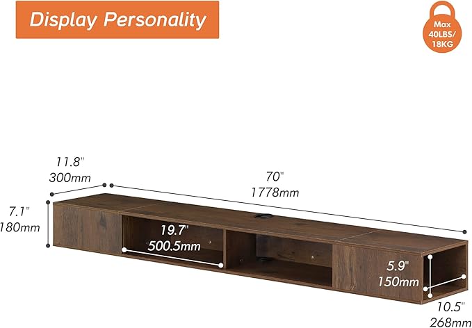 WAMPAT TV Stand with LED Lights for 65/70/75 inch TVs, Wall Mounted Shelf Under TV Cabinet, Entertainment Center Media Console with Storage for Living Room and Bedroom, Brown