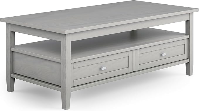 SIMPLIHOME Warm Shaker Coffee Table - 48 inch Wide Solid Wood Cocktail Table in Fog Grey, Transitional Living Room Table with 2 Storage Drawers and Open Shelf for Sitting Area or Lounge