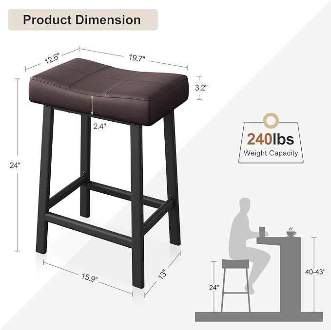 GarveeHome Counter Height Bar Stools Set of 4, 24 Inch Barstools for Kitchen Island Counter, Upholstered Padded Saddle Chairs with Curved Cushion, Easy Assembly, Brown