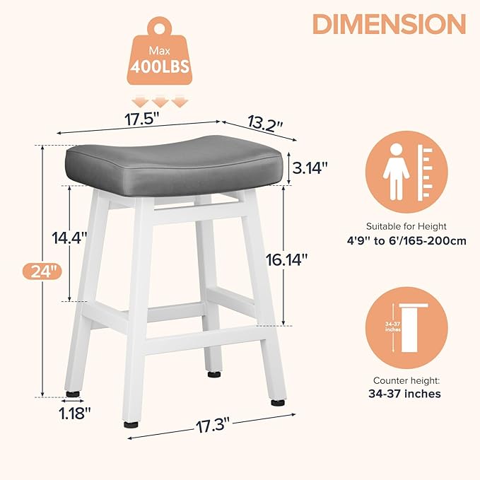 Counter Height Bar Stools Set of 3, 24 Inch Barstools for Kitchen Counter, Kitchen Stools with Bonded Leather Saddle Seats & Heavy Duty Metal Legs, Easy Assembly, Gray/White