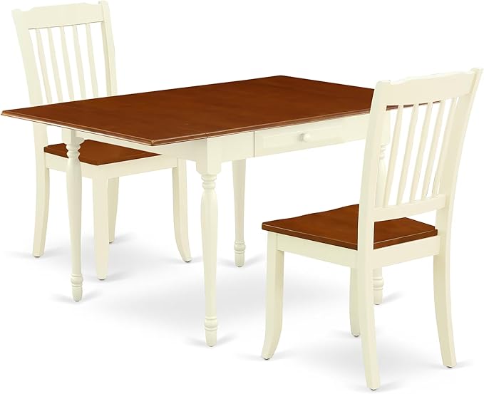 East West Furniture MZDA3-WHI-W 3 Piece Dining Table Set for Small Spaces Contains a Rectangle Dining Room Table with Dropleaf and 2 Wooden Seat Chairs, 36x54 Inch, Buttermilk & Cherry