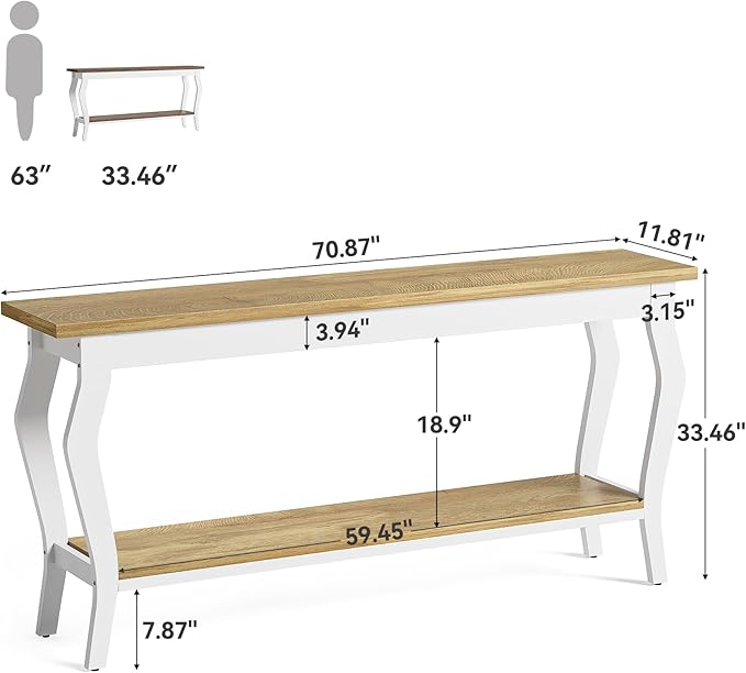 LITTLE TREE 70.9 Inches Long Console Table, 2-Tier Vintage Wooden Sofa Table Behind The Couch with Metal Legs for Hallway, Entryway, Living Room, White & Light Oak