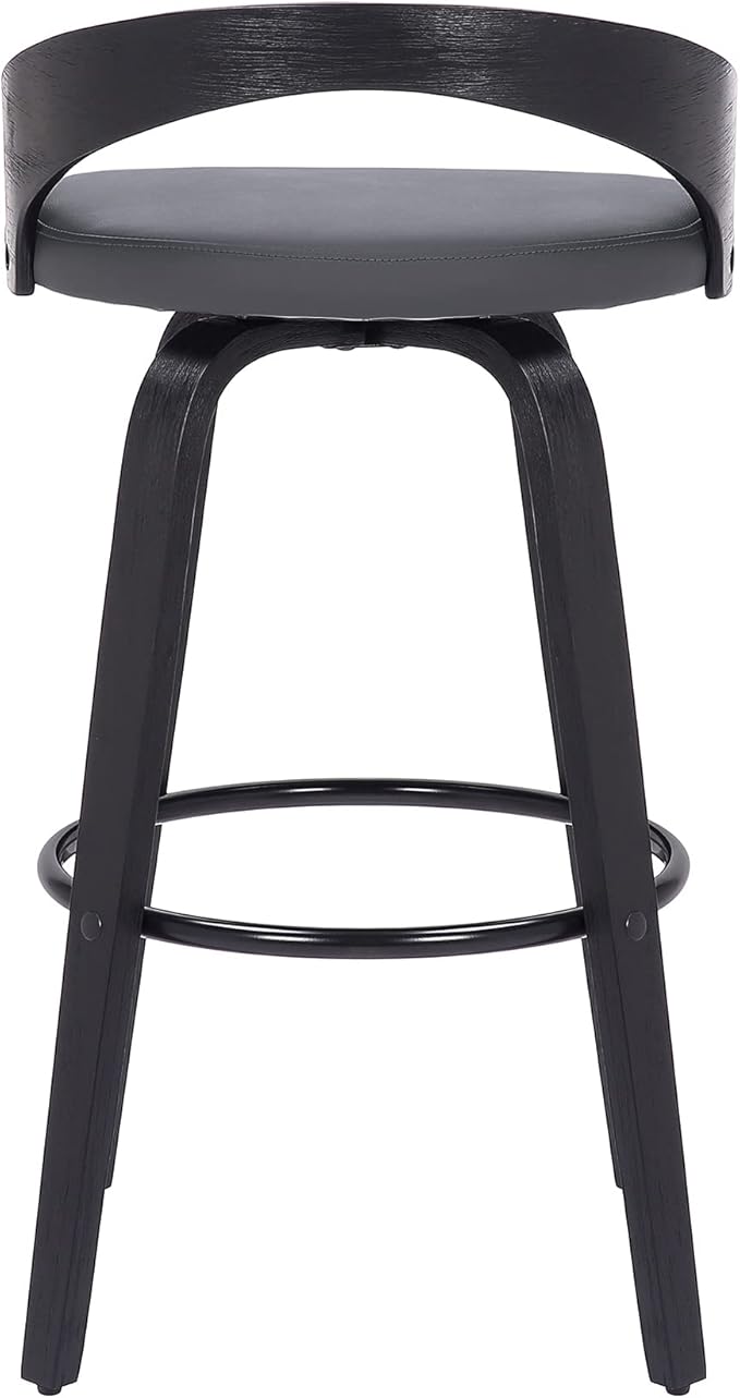 Armen Living Sonia 30" Bar Height Swivel Gray Faux Leather and Black Wood Bar Stool