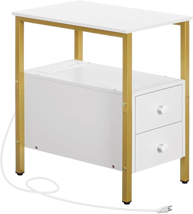 HOOBRO End Table with Charging Station, Narrow Side Table with 2 Drawer & USB Ports & Power Outlets, Nightstand for Small Spaces, Stable and Sturdy, for Living Room, Bedroom, Gold and White DW541BZ01