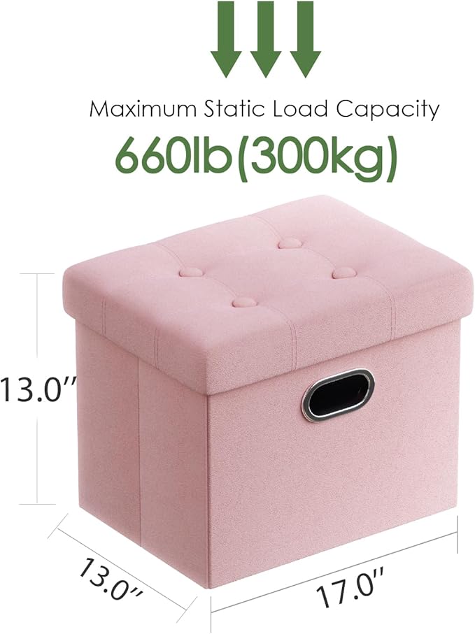 PRANDOM Ottoman with Storage [1-Pack] Velvet Folding Small Square Foot Stool with Lid for Living Room Bedroom Coffee Table Dorm Pink 17x13x13 inches