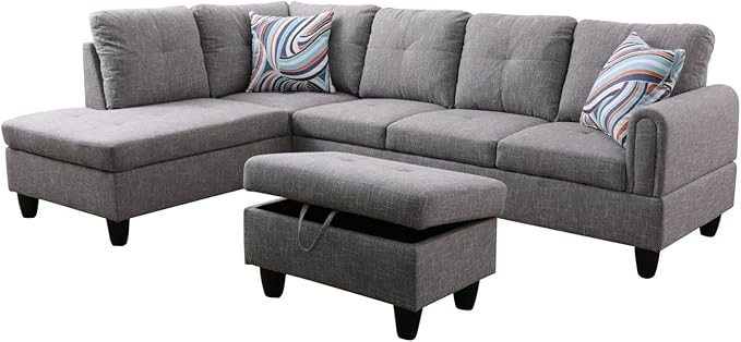 Grey-2 L-Shaped 3-Piece Linen Sofa with Storage Ottoman Set, Sectional Couch Sofa Set for Living Room, Office, Small Space
