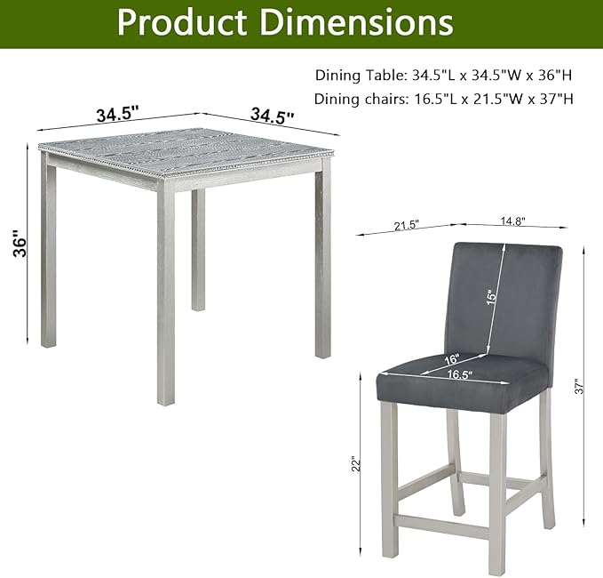 KEIKI 5-Piece Counter Height Dining Table Set with Square Table and 4 Upholstered Chair, for 4 Person, Classic Crystal Decoration Wooden Table Set, Easy Assembly, for Kitchen, Dining Room, Silver Grey