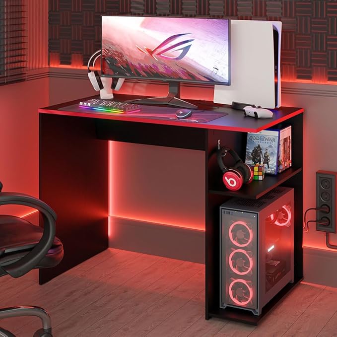 Madesa Gaming Computer Desk 39 Inch with 2 Shelves and Headphone Hanger Wooden Sturdy Home Office Table for Kids and Adults - Black/Red