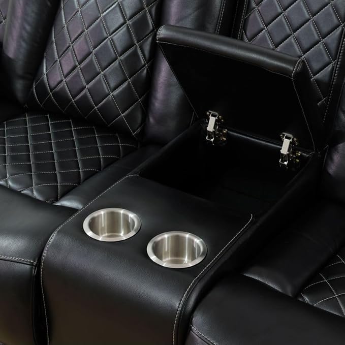 Electric Power Recliner Loveseat Set Living Room Furniture, Comfy Home Theater Breathing Leather Seating with USB 2.0 Charging Ports, LED Light Strips, Mid Console and Cupholders (Black)