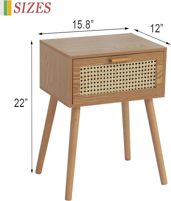 AWASEN Mid Century Nightstand, Rattan Side Table with Drawer, Modern Bedside Table with Storage and Solid Wood Legs for Living Room, Bedroom and Small Space (Brown)