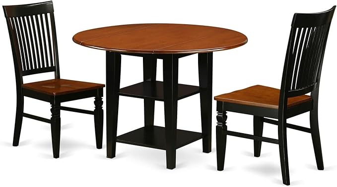 East West Furniture SUWE3-BCH-W 3 Piece Dining Room Furniture Set Contains a Round Kitchen Table with Dropleaf & Shelves and 2 Dining Chairs, 42x42 Inch, Black & Cherry