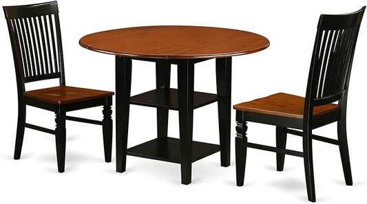 East West Furniture SUWE3-BCH-W 3 Piece Dining Room Furniture Set Contains a Round Kitchen Table with Dropleaf & Shelves and 2 Dining Chairs, 42x42 Inch, Black & Cherry