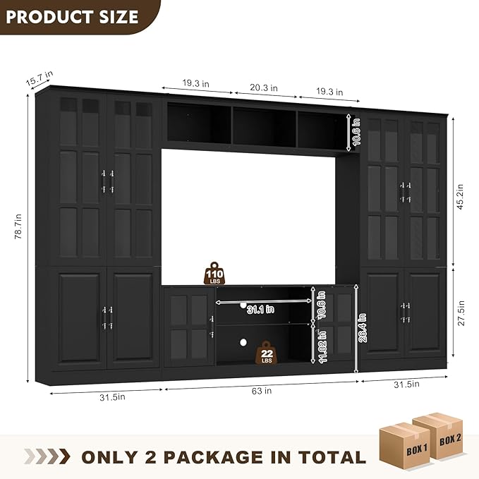 4-Piece Wall Unit TV Stand with Storage & LED Lights for TVs up to 75", Modern Entertainment Center with Bookshelves & 4-Door Pantry Cabinet, Black