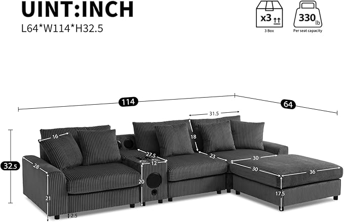 Merax 114 * 64" Corduroy Sectional Couches with Bluetooth Speakers, Storage, Ottoman & Pillows, Upholstered Modular Sofa Chaise with Console, USB Charger, Cup Holders for Living Room Apartment, Grey