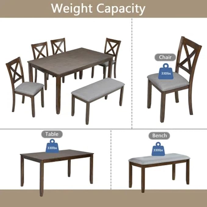 6-Piece Dining Table Set for 4-6 People, Kitchen Set with 4 Upholstered Chairs and One Bench, Living Room Chairs with X-Shape Backrest, Rectangular Wooden Table for Home Bar, Walnut