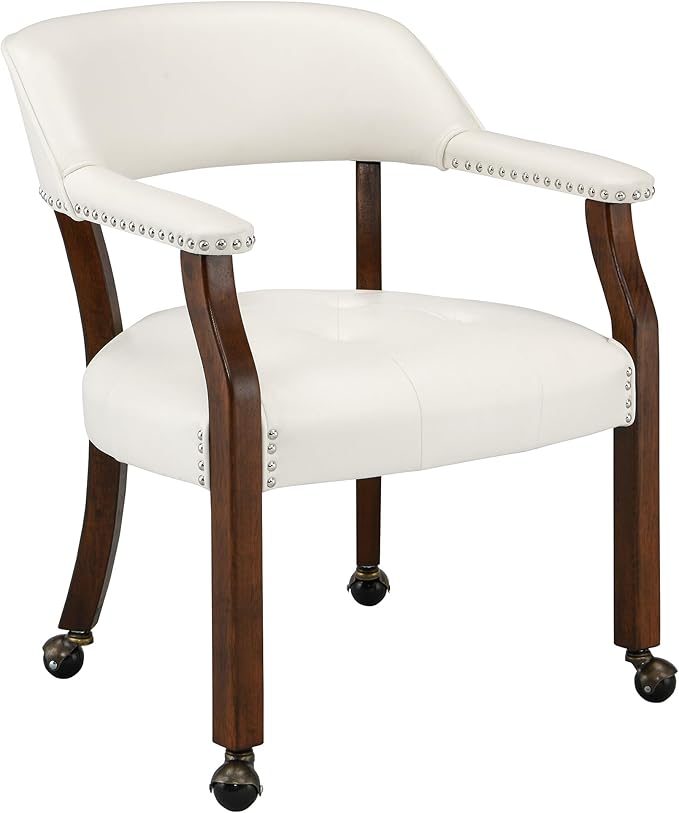 LEEMTORIG Large Dining Chairs with Casters and Arms, Rolling Dining Chairs with Wheels, Accent Game Poker Chairs, Wood Boss Caption's Chairs, 26“Dx25.2 Wx31.5“H, Cherry Legs & Ivory PU, SY-1533-WT