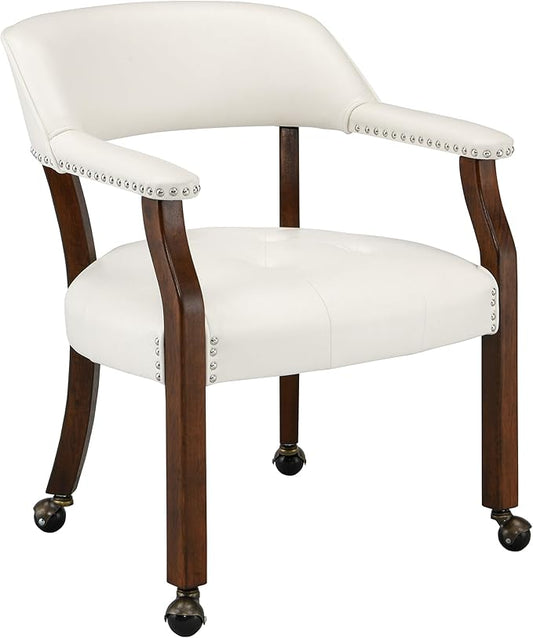 LEEMTORIG Large Dining Chairs with Casters and Arms, Rolling Dining Chairs with Wheels, Accent Game Poker Chairs, Wood Boss Caption's Chairs, 26“Dx25.2 Wx31.5“H, Cherry Legs & Ivory PU, SY-1533-WT