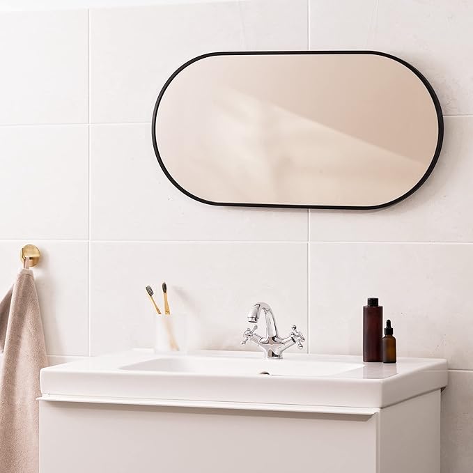 Navaris Oval Wall Mirror - 29.5" x 15" - Wall Mounted Hanging Mirror with Black Rustproof Aluminum Frame - Mirror for Bathroom Restroom Hallway
