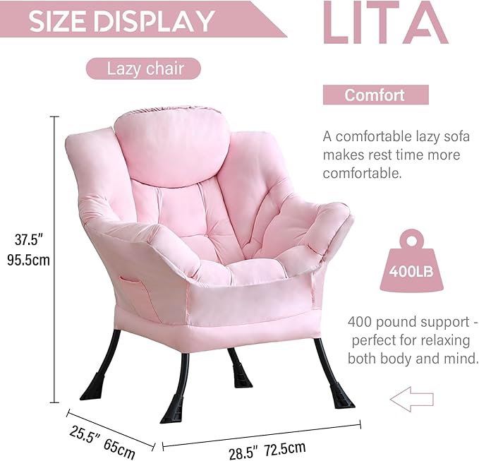 LITA Lazy Chair with Ottoman, Modern Accent Leisure Upholstered Sofa, Contemporary Lounge Reading Chair with Armrests and a Side Pocket for Living Room, Bedroom & Small Space, Single Pink