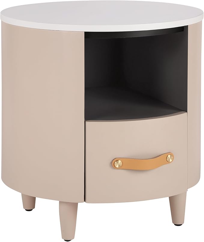 Merax Round Nightstand with Storage Drawer, MDF Contemporary Modern Bedside Table with Open Storage Shelf, Curved Design Sofa End Table for Bedroom & Living Room, Easy Assembly, Khaki