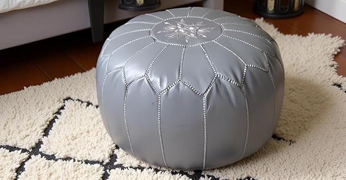 Stuffed Round Design Moroccan Leather Pouf Ottoman, Handmade, Pre-Filled, 100% Genuine Leather, 13” Height x 20” Diameter, Footstool & Living Room Décor (Grey)