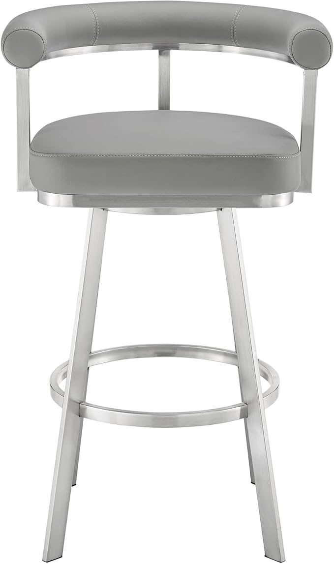 Armen Living Magnolia Swivel Counter Stool in Brushed Stainless Steel with Light Grey Faux Leather