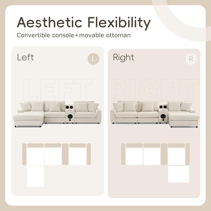 Merax 114 * 64" Corduroy Sectional Couches with Bluetooth Speakers, Storage, Ottoman & Pillows, Upholstered Modular Sofa Chaise with Console, USB Charger, Cup Holders for Living Room Apartment, Cream
