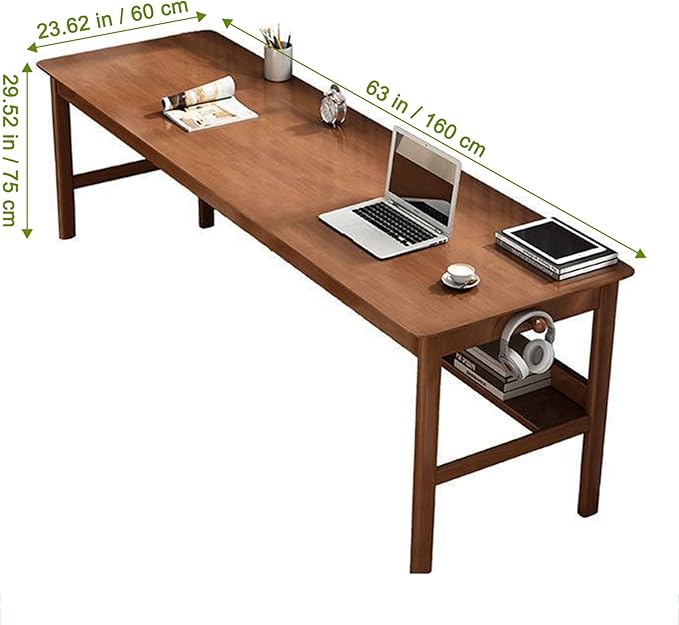 Solid Wood Long Desk 63 inch Home Office Work Desk, 2-Person Simple Writing Desk Table Computer Workstation with Storage Shelf for Living Room, Study Room, Bedroom, Walnut