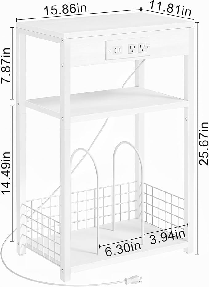 LELELINKY 3 Tier End Table with Charging Station, White Record Player Stand with Storage Up to 100 Albums Brown, Night Stand with USB Port, Nightstand for Small Spaces