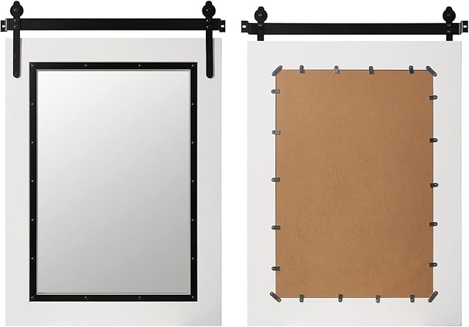YOSHOOT Farmhouse Barn Door Mirror, 40"x30" Rustic Bathroom Mirror, Wood Frame Wall Mirror, Wooden Mirror for Living Room Bedroom Entryway Wall Décor, White Vertical Hanging ONLY