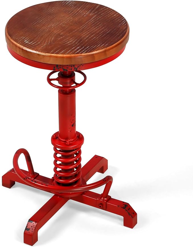 Topower Industrial Retro Vintage Farm Wooden Seat Tractor Stool Kitchen Swivel Height Adjustable bar Stool Antique Red