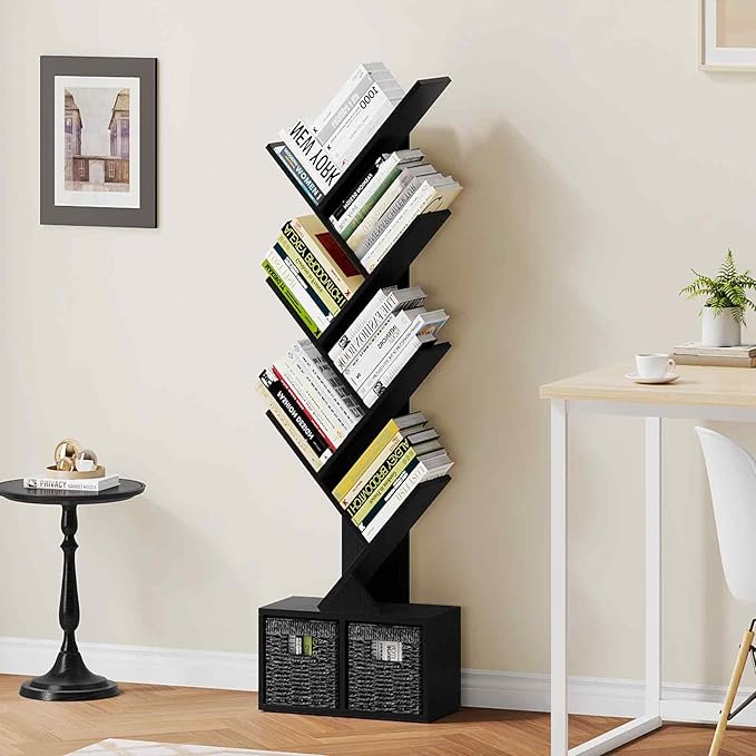 Vagusicc Tree Bookshelf, 6 Tier Bookshelf with Storage, Tall Narrow Bookcase, Rustic Wood Book Storage Rack for CDs/Books, Small Book Organizer Shelves for Bedroom, Living Room, Home Office, Black