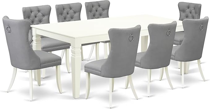 East West Furniture LGDA9-LWH-27 9 Piece Dining Room Set Includes a Rectangle Kitchen Table with Butterfly Leaf and 8 Polyester Fabric Upholstered Chairs, 42x84 Inch, linen white