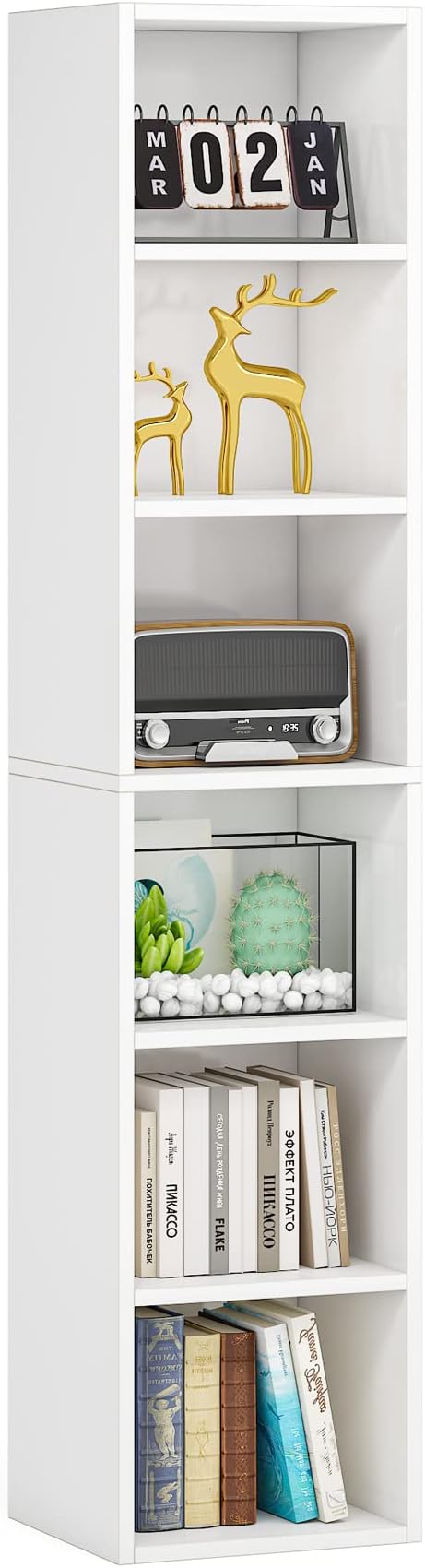 LITTLE TREE 70.9 Inch Tall Narrow Bookcase, Corner Bookshelf 6 Tier Cube Display Shelf Storage Organizer for Small Space, White