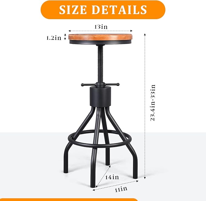 Diwhy Industrial Vintage Kitchen Counter Height Adjustable Bar Stool, Farmhouse French Stylish Kitchen Stool, Swivel Chair, Solid Wood Metal Chiar, Easy Installation, Fully Welded Set of 2 (Black)