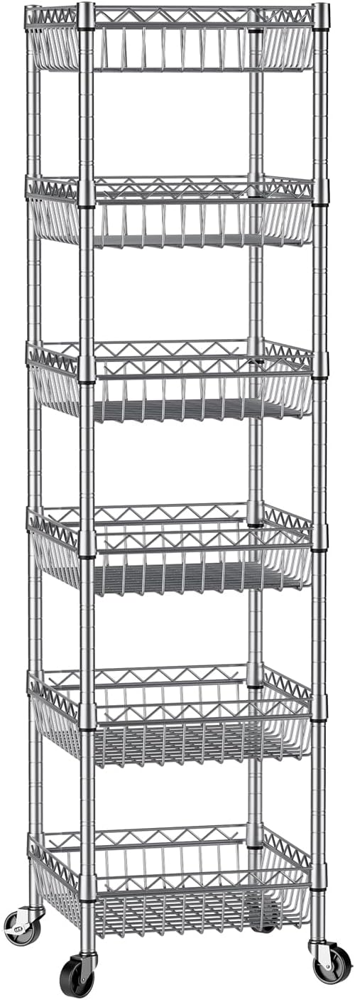 SINGAYE 6 Tier Shelf Adjustable Storage Shelves Rack Standing Units with Wheels Closet Wire Shelving Organizers Metal Pantry Kitchen Laundry Room 13.5" D x 13.5" W x 63" H Silver