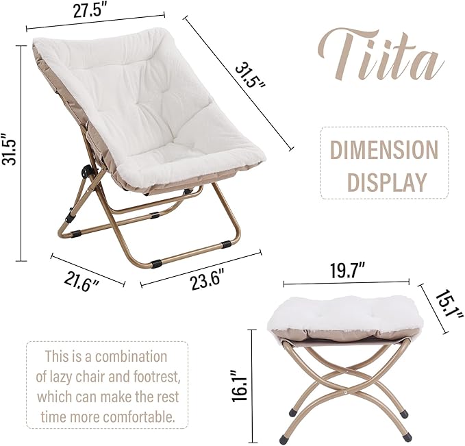 Tiita Folded Chair with Ottoman, Soft Faux Fur Oversized Folding Accent Chair,Lounge Lazy Chair, Metal Frame Moon Chair for Bedroom, Living Room, Dorm Rooms, Garden and Courtyard