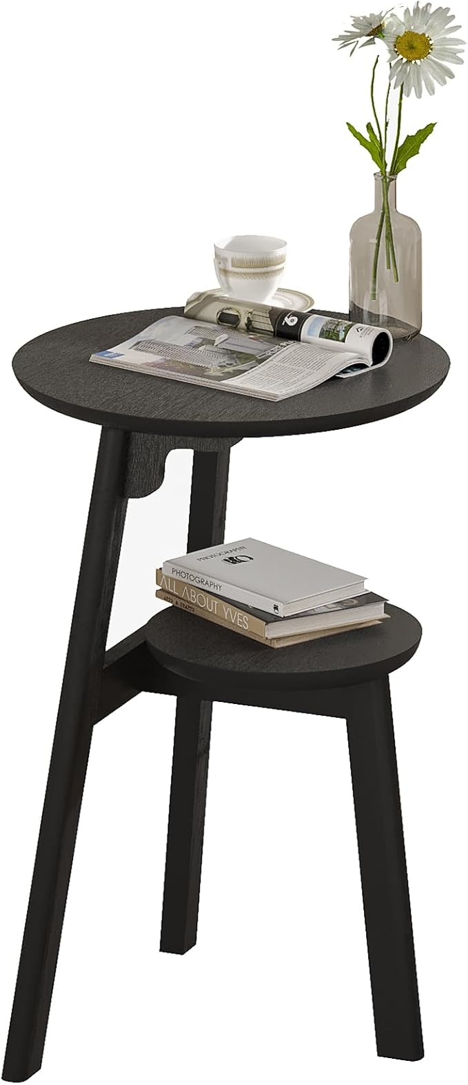 ChooChoo Round End Table for Small Spaces, Narrow Side Table, Accent Table Night Stand with 2 Tier Shelf for Bedroom and Living Room, Black