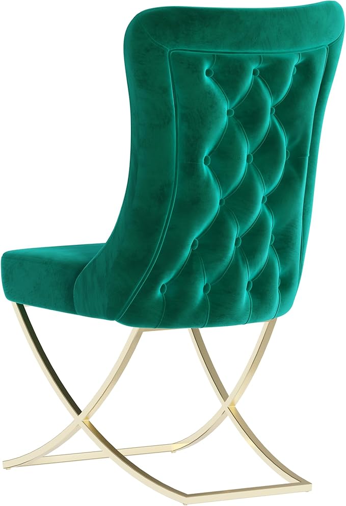 Ottomanson Royal Dining Chairs Set of 6 – Upholstered Tufted Microfiber, Assembled, Gold Metal Legs, Beech Wood Frame, 350 lb Capacity, Green