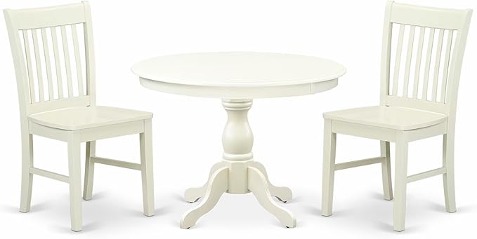 East West Furniture HBNF3-LWH-W 3 Piece Dining Room Furniture Set Contains a Round Kitchen Table with Pedestal and 2 Dining Chairs, 42x42 Inch, Linen White
