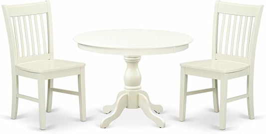 East West Furniture HBNF3-LWH-W 3 Piece Dining Room Furniture Set Contains a Round Kitchen Table with Pedestal and 2 Dining Chairs, 42x42 Inch, Linen White