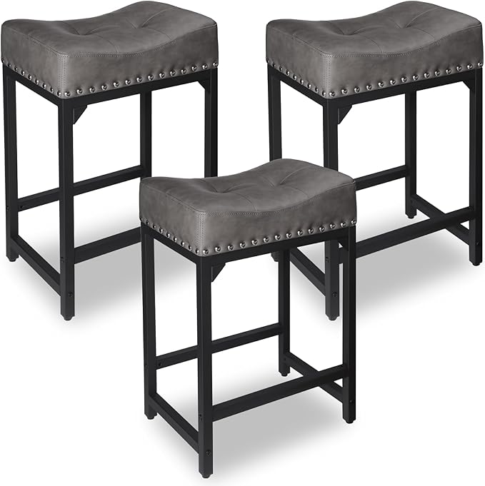 Counter Height Bar Stools Set of 3, Stools for Kitchen Island Set of 3, 24 Inch Counter Stool Saddle Backless Barstools for Kitchen Counter -Grey
