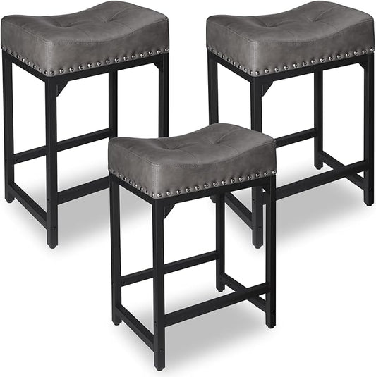 Counter Height Bar Stools Set of 3, Stools for Kitchen Island Set of 3, 24 Inch Counter Stool Saddle Backless Barstools for Kitchen Counter -Grey